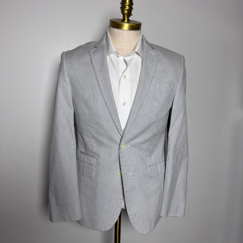 Express Blazer Mens 38S Blue White Seersucker Stripe Photographer Slim Fit